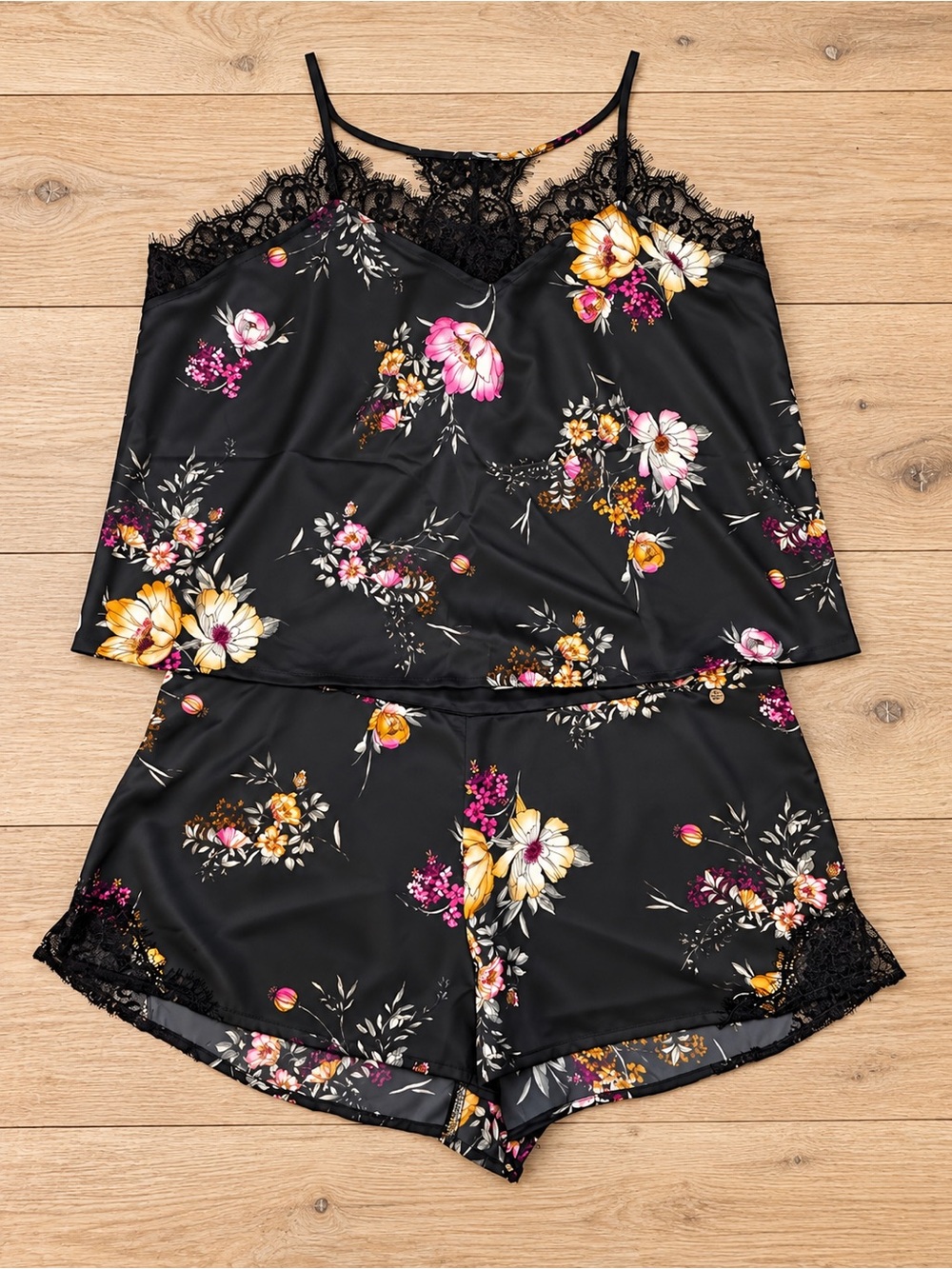 Midnight Bakery XXL Black Floral Satin Lace Cami & Shorts Pajama Set